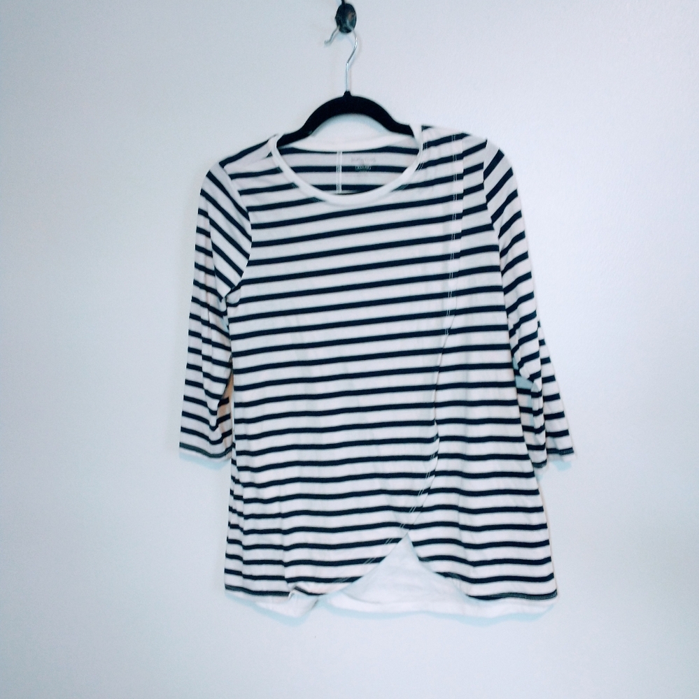 Motherhood maternity nursing striped black and white top with easy draped front,